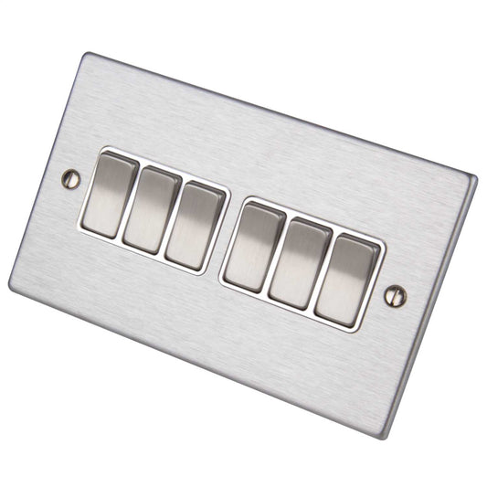 Hamilton 10A 6 Gang 2 Way Light Switch White Insert Satin Steel