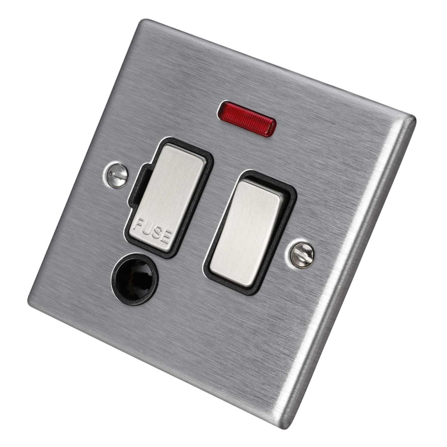 Hamilton 13A DP Switched Fused Spur with Neon and Cable Outlet Black Insert Satin Steel