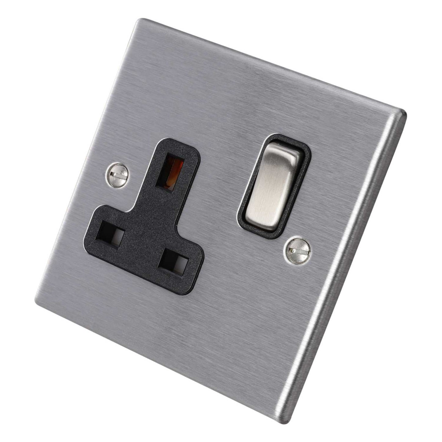 Hamilton 13A DP 1 Gang Switched Socket Black Insert Satin Steel