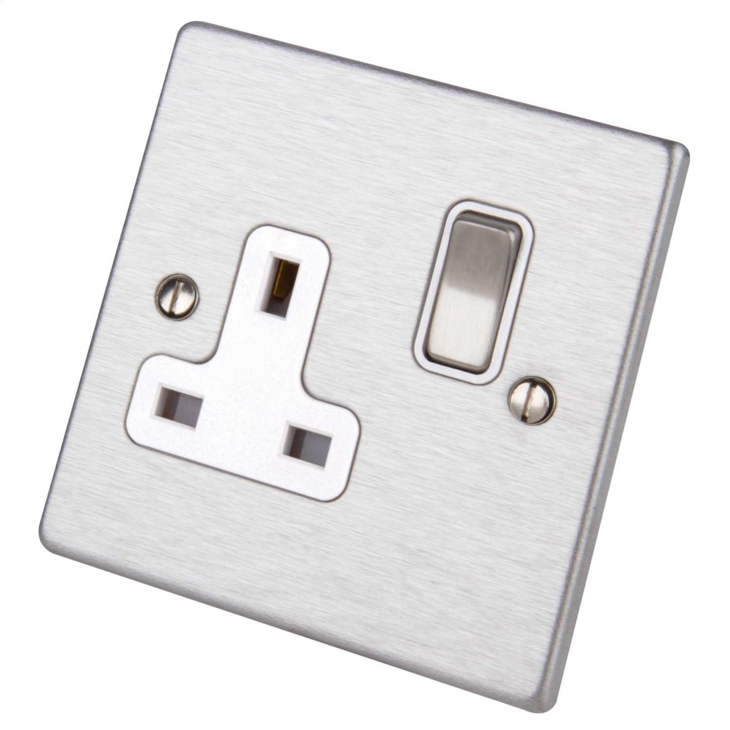 Hamilton 13A DP 1 Gang Switched Socket White Insert Satin Steel