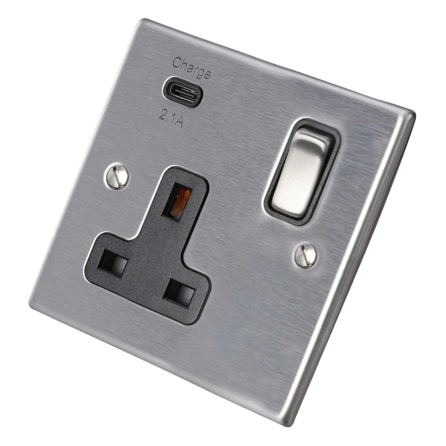 Hamilton 13A 1 Gang Switched Socket with USB Outlet Black Insert Satin Steel