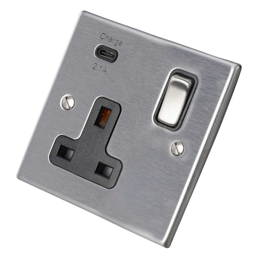 Hamilton 13A 1 Gang Switched Socket with USB Outlet Black Insert Satin Steel