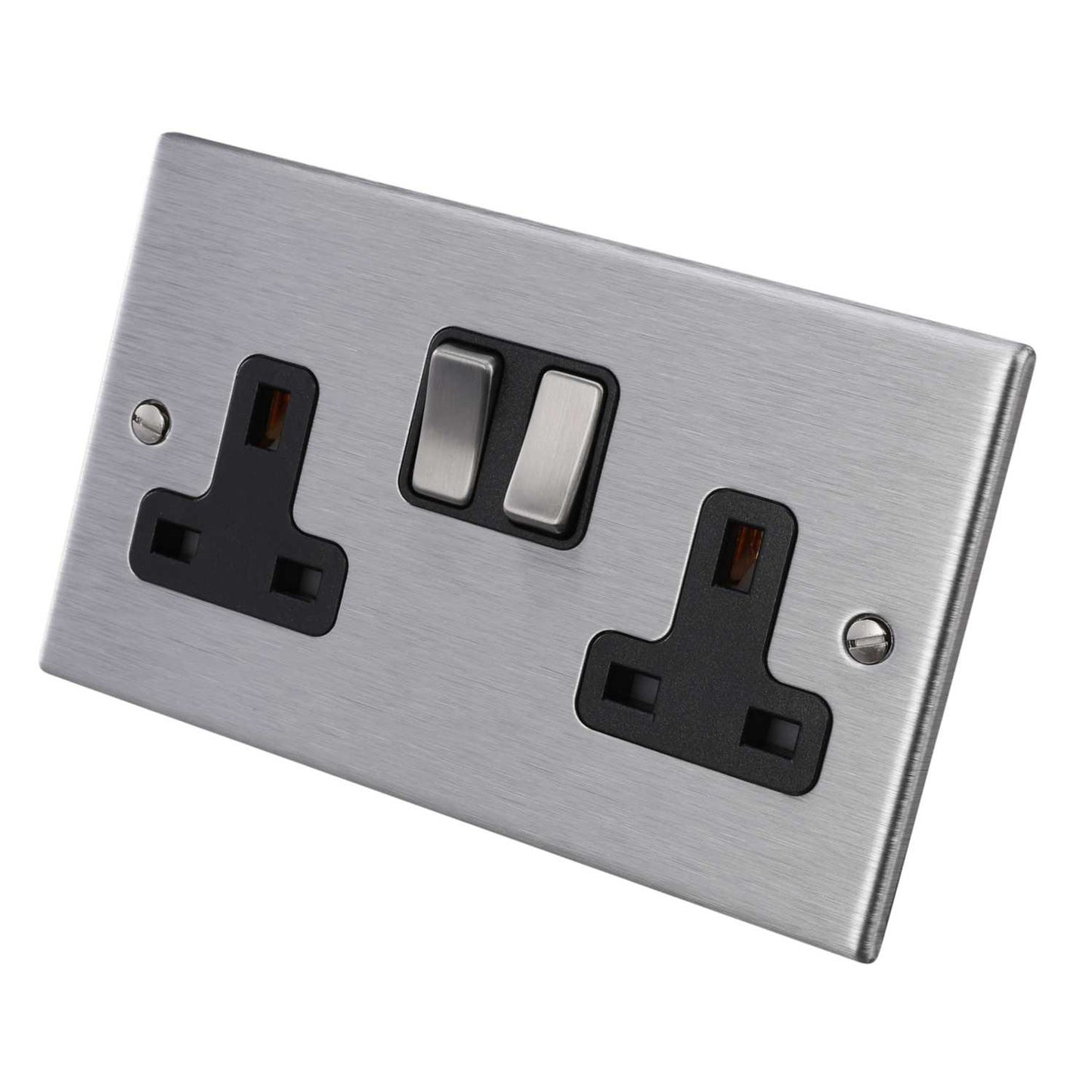 Hamilton 13A DP 2 Gang Switched Socket Black Insert Satin Steel