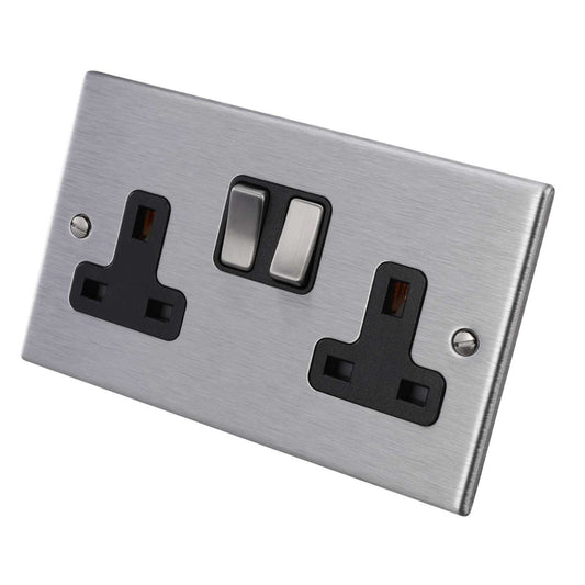 Hamilton 13A DP 2 Gang Switched Socket Black Insert Satin Steel