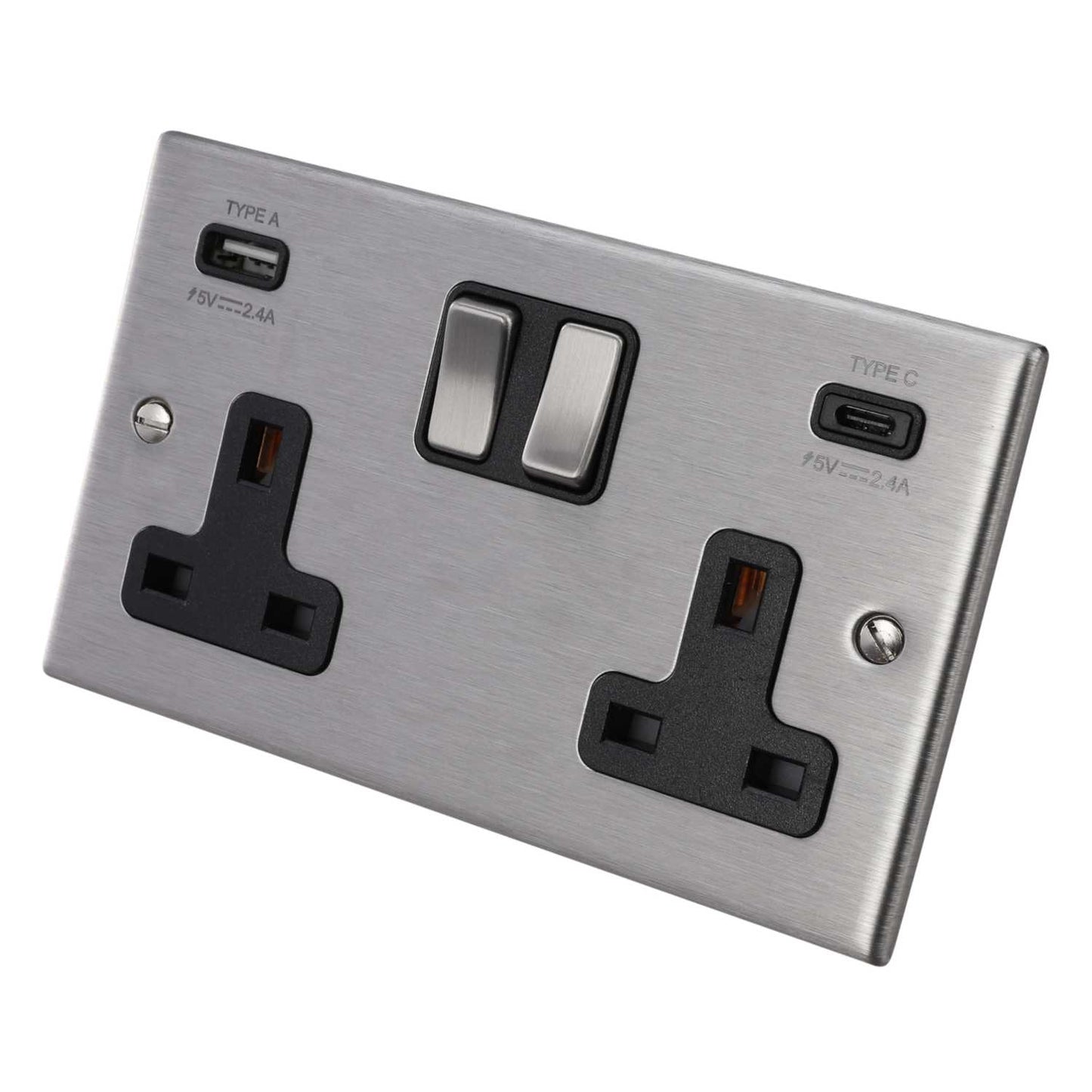 Hamilton 13A 2 Gang Switched Socket with Twin USB Outlets Black Insert Satin Steel