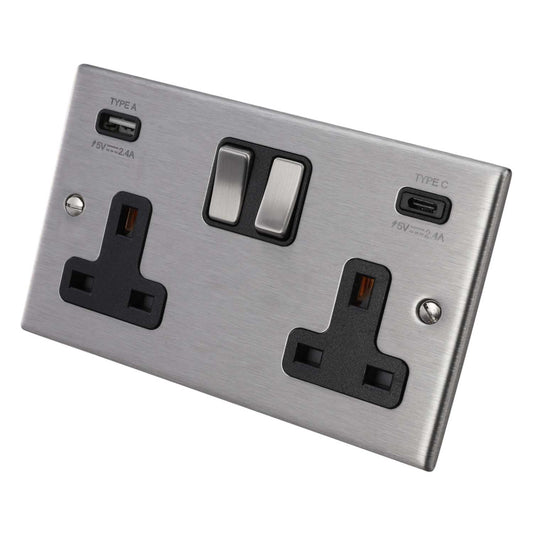 Hamilton 13A 2 Gang Switched Socket with Twin USB Outlets Black Insert Satin Steel