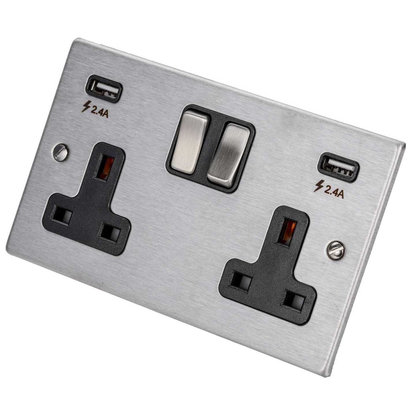 Hamilton 13A 2 Gang Switched Socket with Twin 2.4A USB Outlets Black Insert Satin Steel
