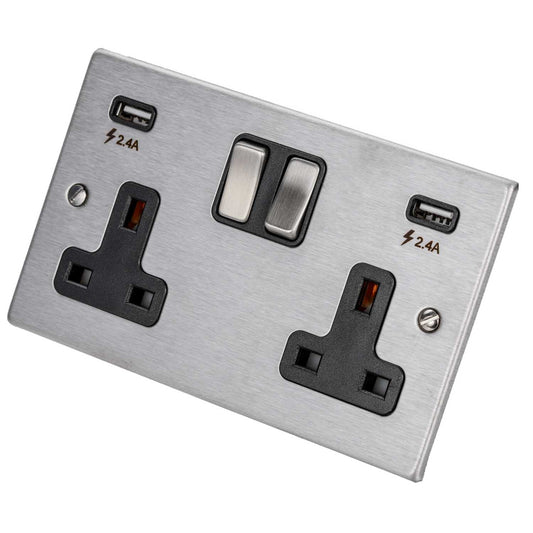 Hamilton 13A 2 Gang Switched Socket with Twin 2.4A USB Outlets Black Insert Satin Steel