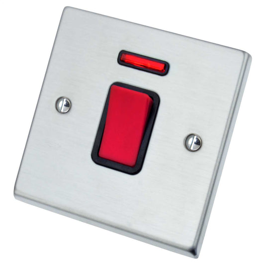 Hamilton Hartland 45A DP 1 Gang Switch with Neon Black Insert Satin Chrome