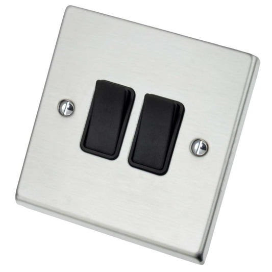 Hamilton Hartland 10A 2 Gang 2 Way Light Switch Black Insert Satin Chrome