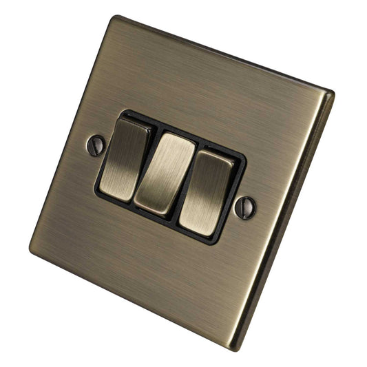 Hamilton 10A 3 Gang 2 Way Light Switch Black Insert Antique Brass