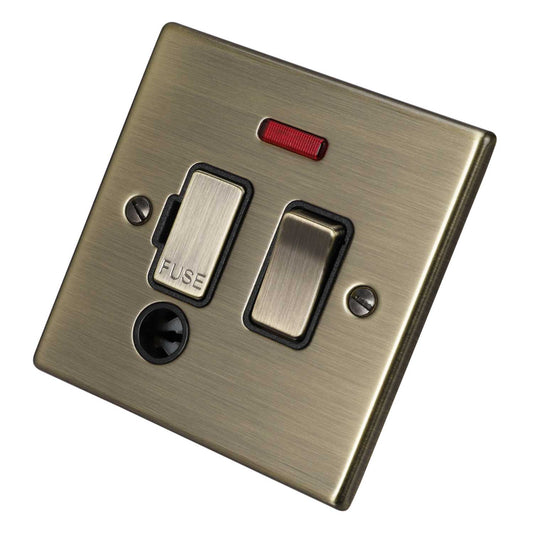 Hamilton 13A DP Switched Fused Spur with Neon and Flex Outlet Black Insert Antique Brass