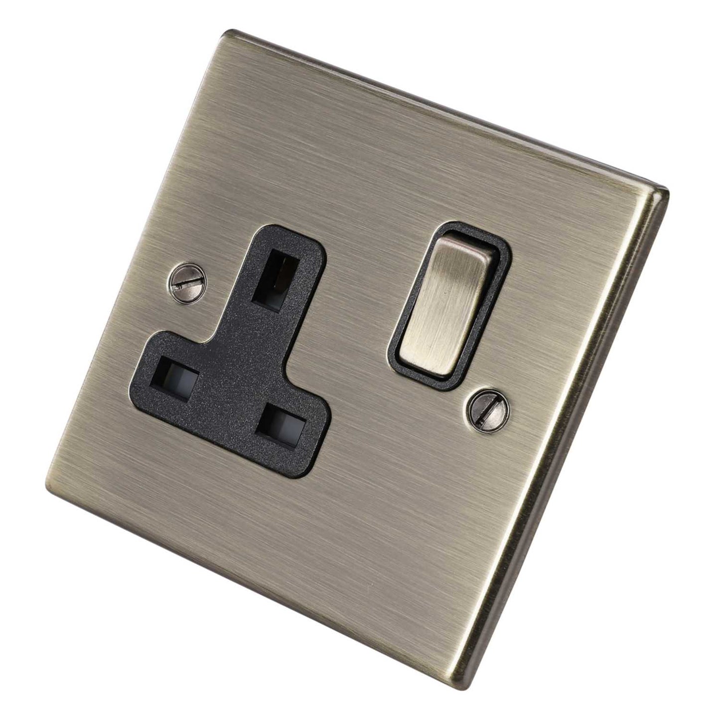 Hamilton 13A DP 1 Gang Switched Socket Black Insert Antique Brass