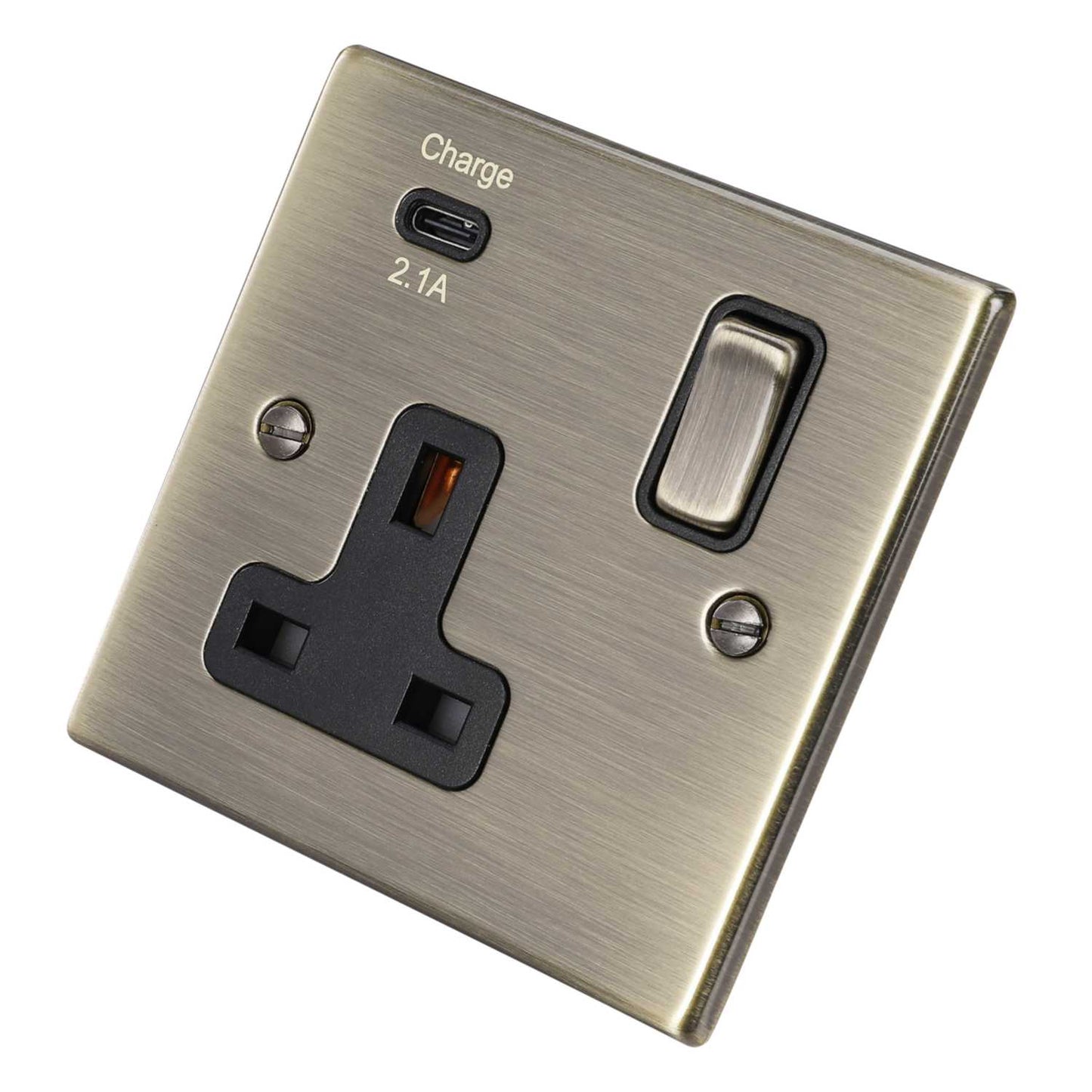 Hamilton 13A 1 Gang Switched Socket with USB Outlet Black Insert Antique Brass