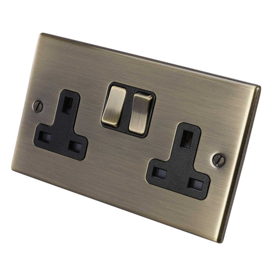 Hamilton 13A DP 2 Gang Switched Socket Black Insert Antique Brass