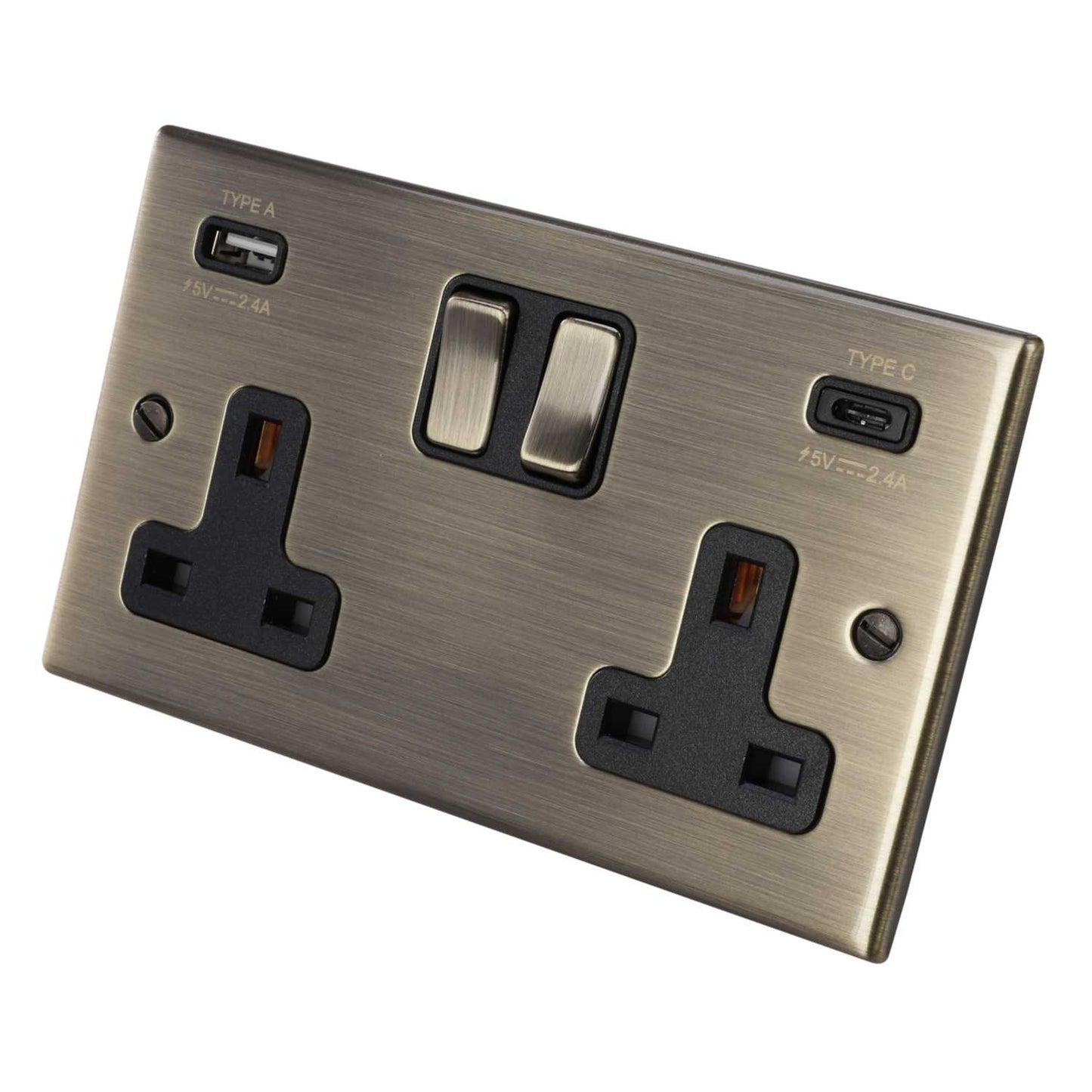 Hamilton 13A 2 Gang Switched Socket with Twin USB Outlets Black Insert Antique Brass
