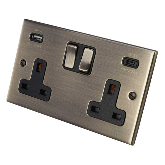 Hamilton 13A 2 Gang Switched Socket with Twin USB Outlets Black Insert Antique Brass
