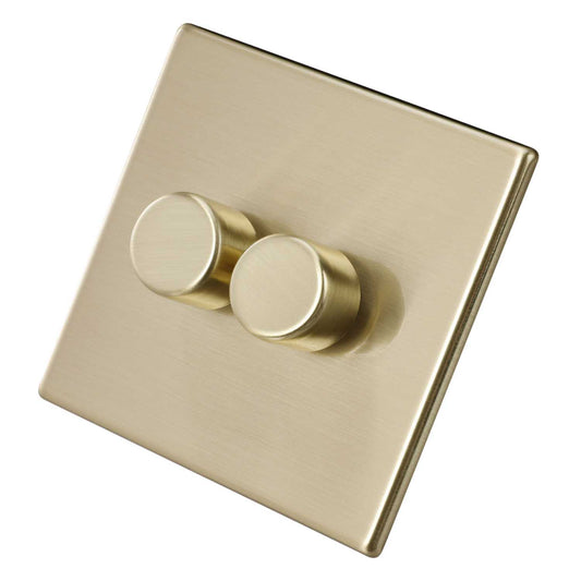 Hamilton 100W 2 Gang 2 Way LED Trailing/Leading Edge Dimmer Switch Screwless Satin Brass