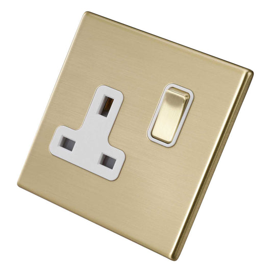 Hamilton 13A DP 1 Gang Switched Socket White Insert Screwless Satin Brass