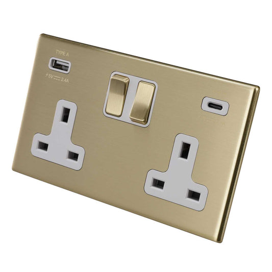 Hamilton 13A 2 Gang Switched Socket with USB Outlets White Insert Screwless Satin Brass