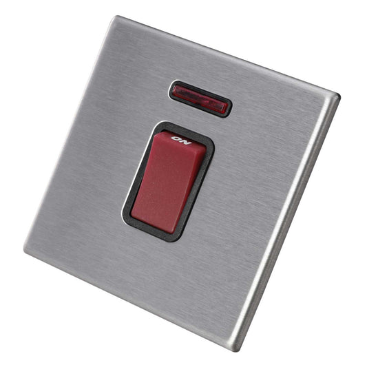 Hamilton 45A DP 1 Gang Switch with Neon Screwless Black Insert Stainless St