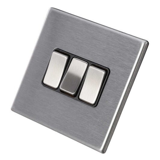 Hamilton 10A 3 Gang 2 Way Light Switch Black Insert Screwless Stainless Steel
