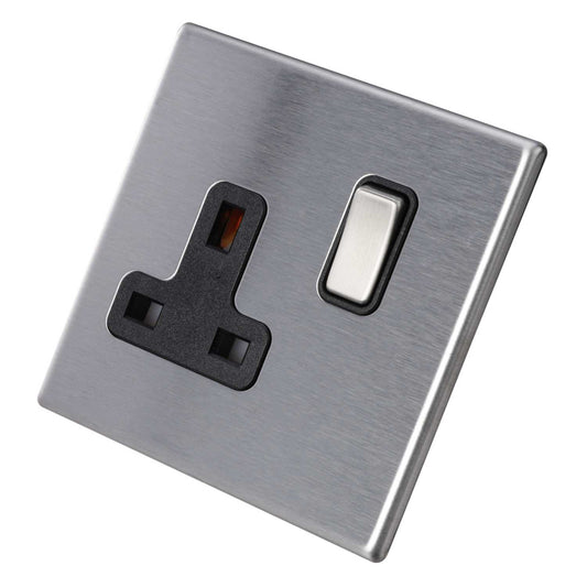 Hamilton 13A DP 1 Gang Switched Socket Black Insert Screwless Stainless Steel
