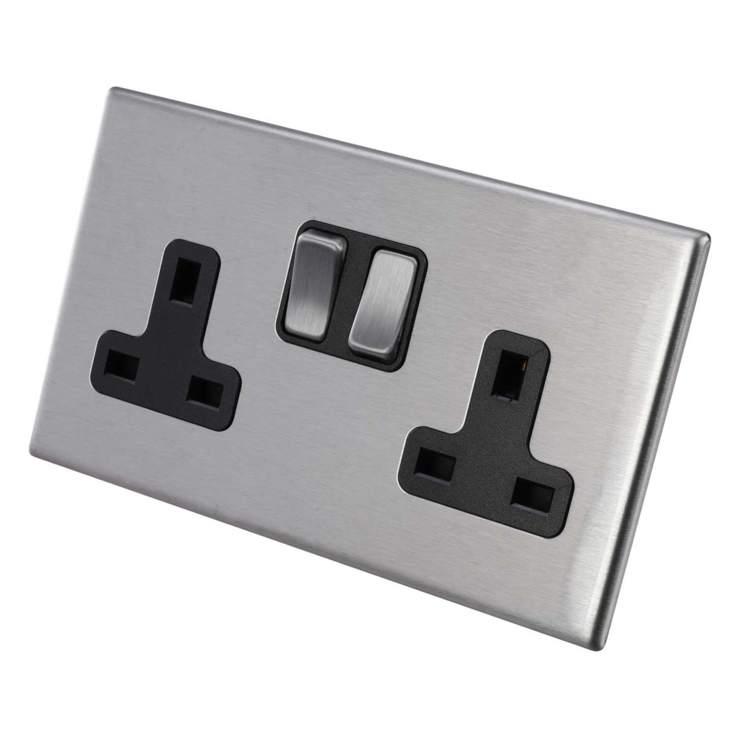 Hamilton 13A DP 2 Gang Switched Socket Black Insert Screwless Stainless Steel