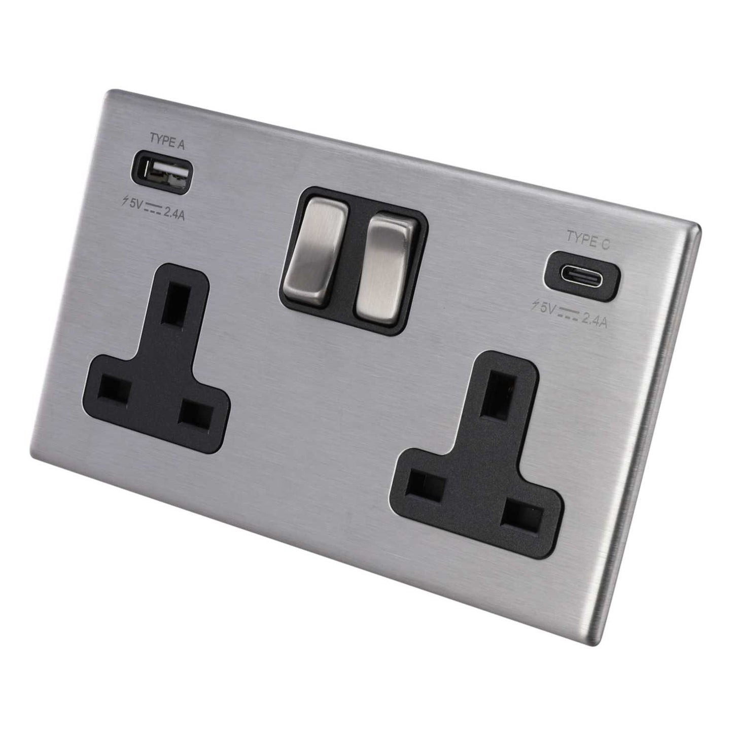 Hamilton 13A 2 Gang Socket with USB Outlets Black Insert Screwless Stainless Steel