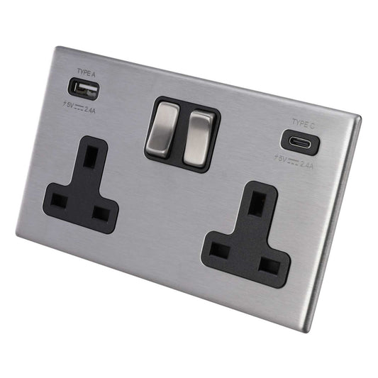 Hamilton 13A 2 Gang Socket with USB Outlets Black Insert Screwless Stainless Steel