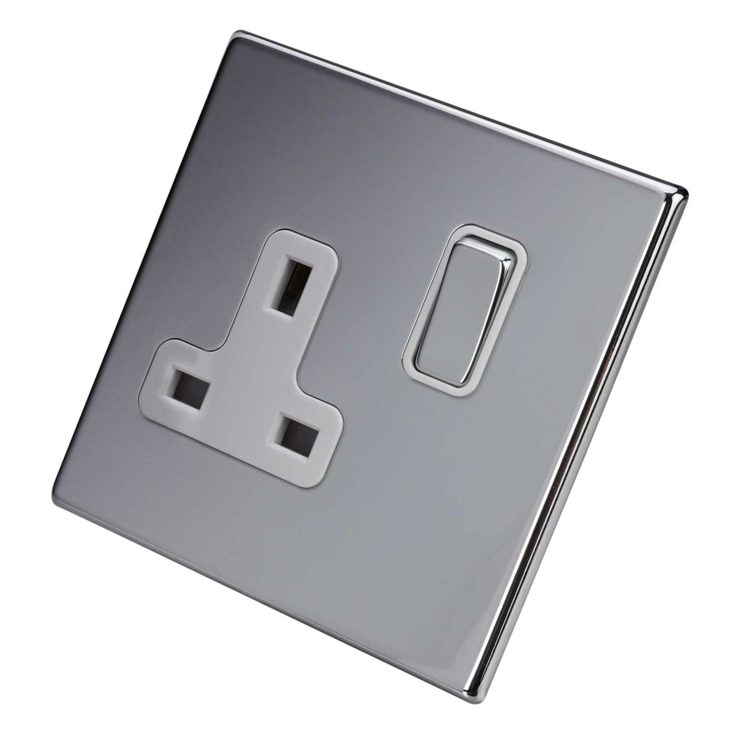 Hamilton 13A DP 1 Gang Switched Socket White Insert Screwless Bright Chrome