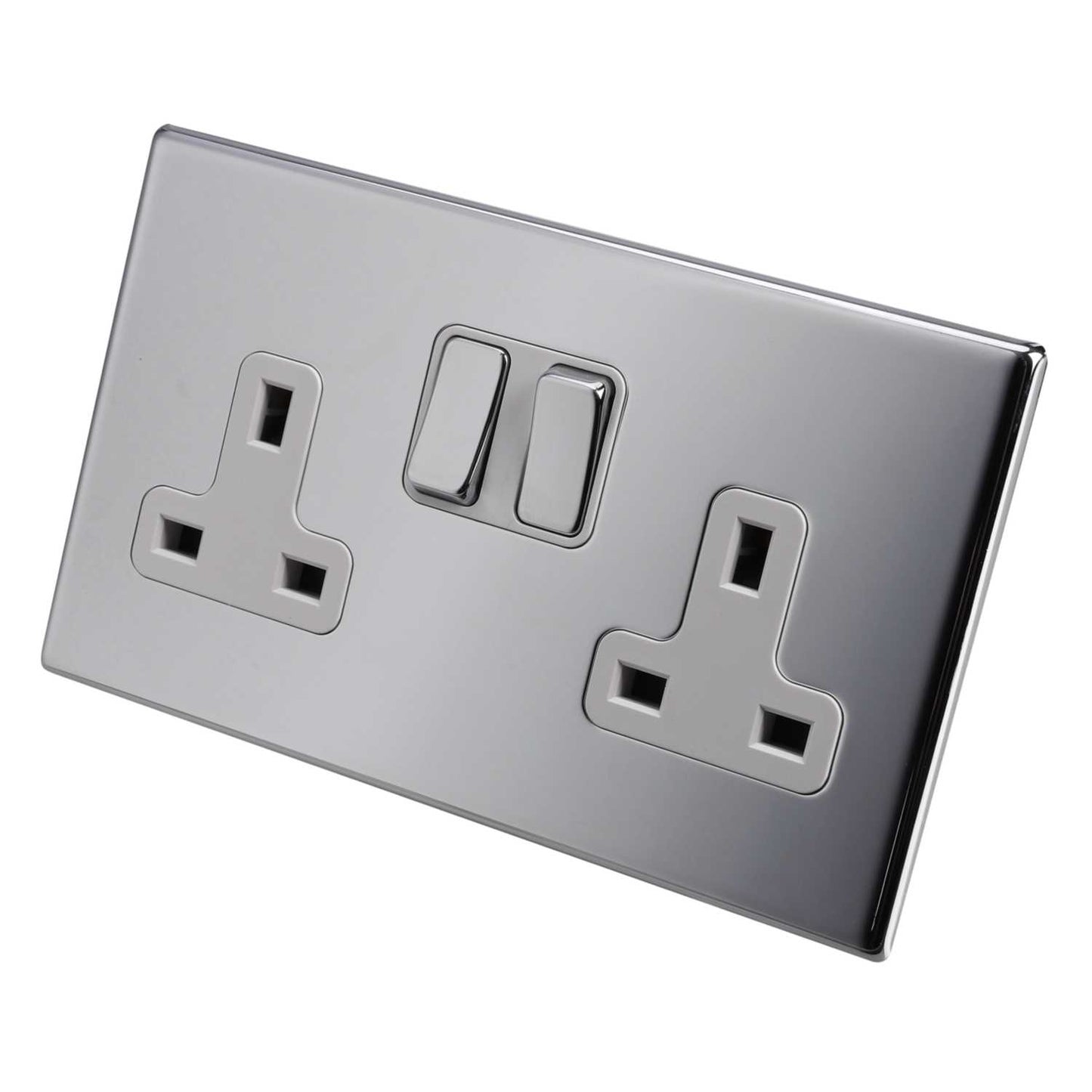 Hamilton 13A DP 2 Gang Switched Socket White Insert Screwless Bright Chrome