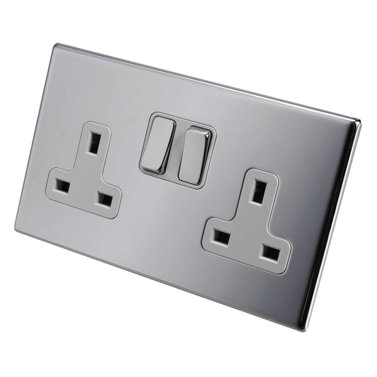 Hamilton 13A DP 2 Gang Switched Socket White Insert Screwless Bright Chrome