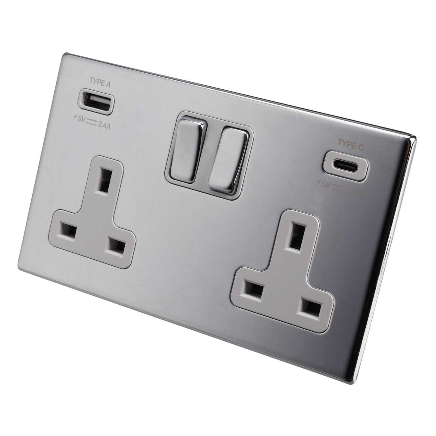 Hamilton 13A 2 Gang Switched Socket with USB Outlets White Insert Screwless Bright Chrome
