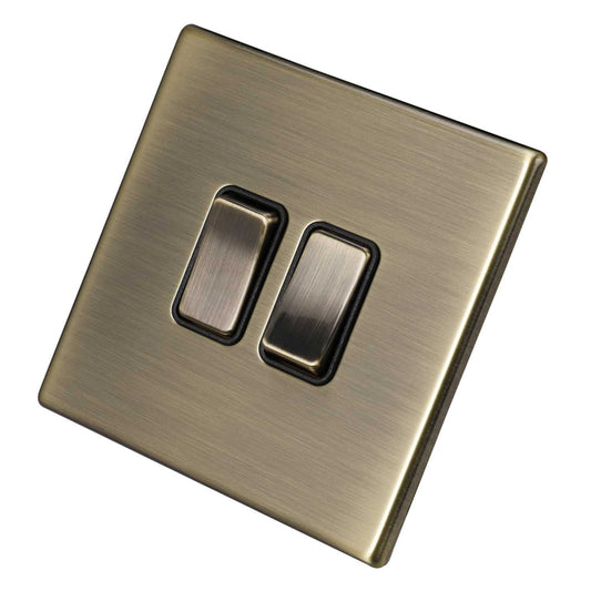 Hamilton 10A 2 Gang 2 Way Light Switch Black Insert Screwless Antique Brass