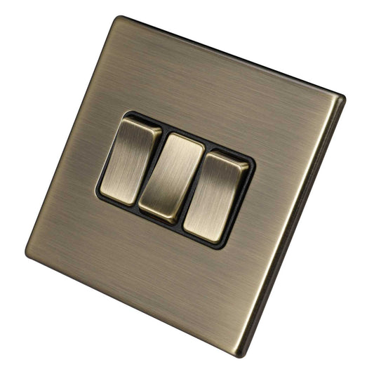 Hamilton 10A 3 Gang 2 Way Light Switch Black Insert Screwless Antique Brass