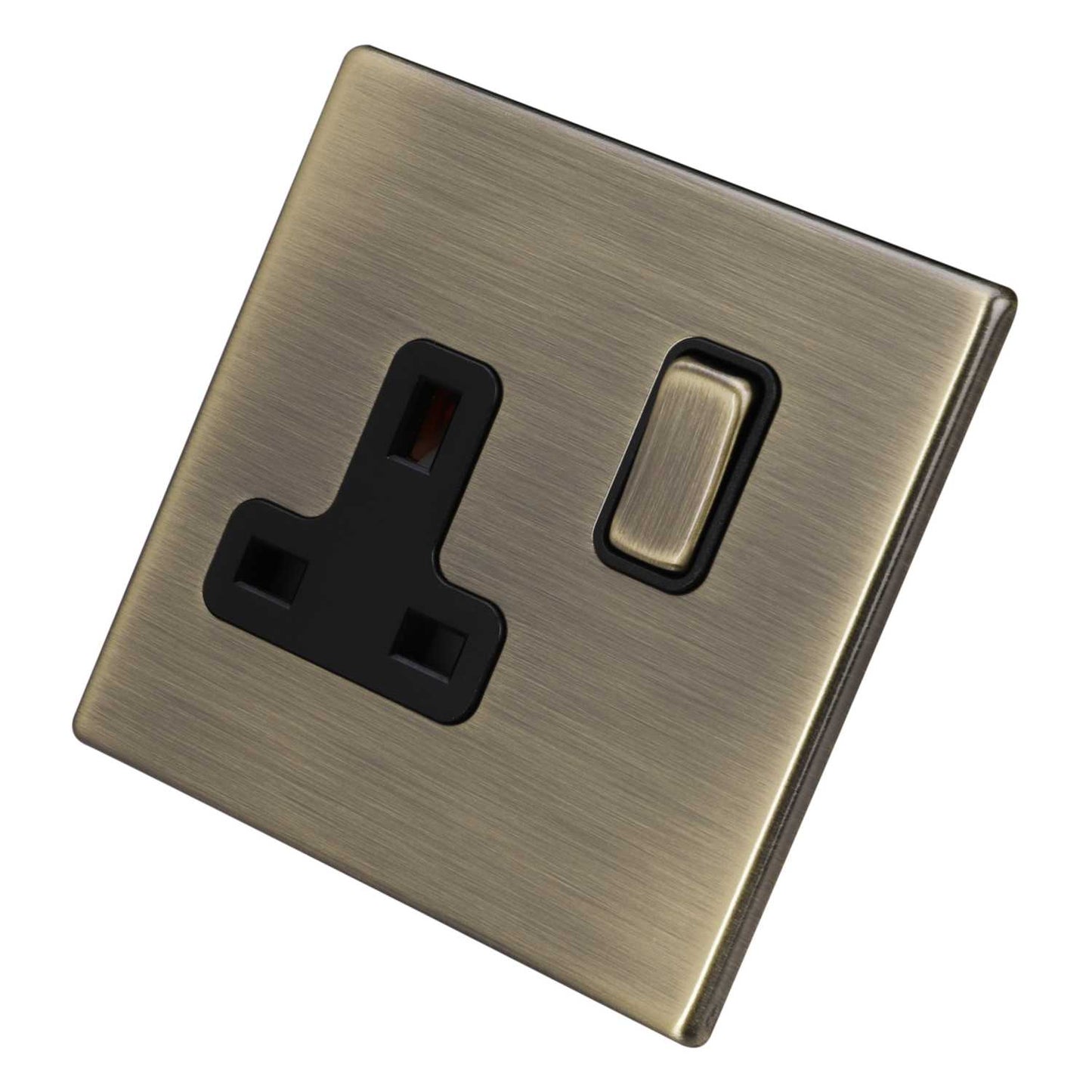 Hamilton 13A DP 1 Gang Switched Socket Black Insert Screwless Antique Brass