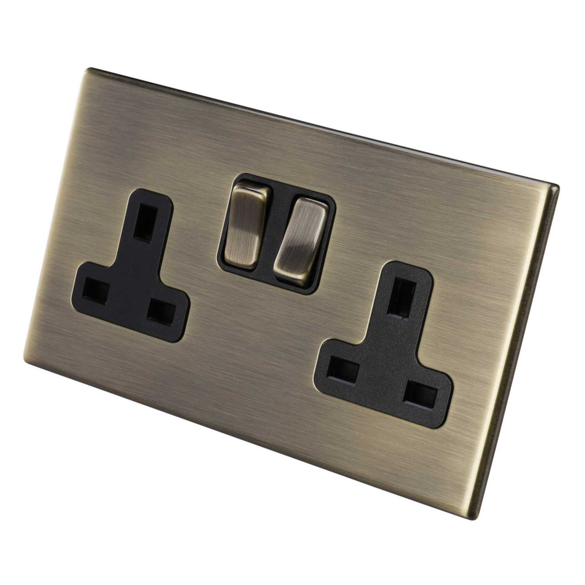 Hamilton 13A DP 2 Gang Switched Socket Black Insert Screwless Antique Brass