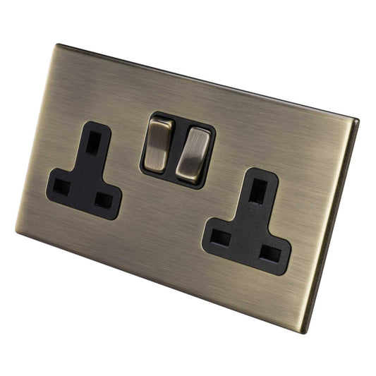 Hamilton 13A DP 2 Gang Switched Socket Black Insert Screwless Antique Brass