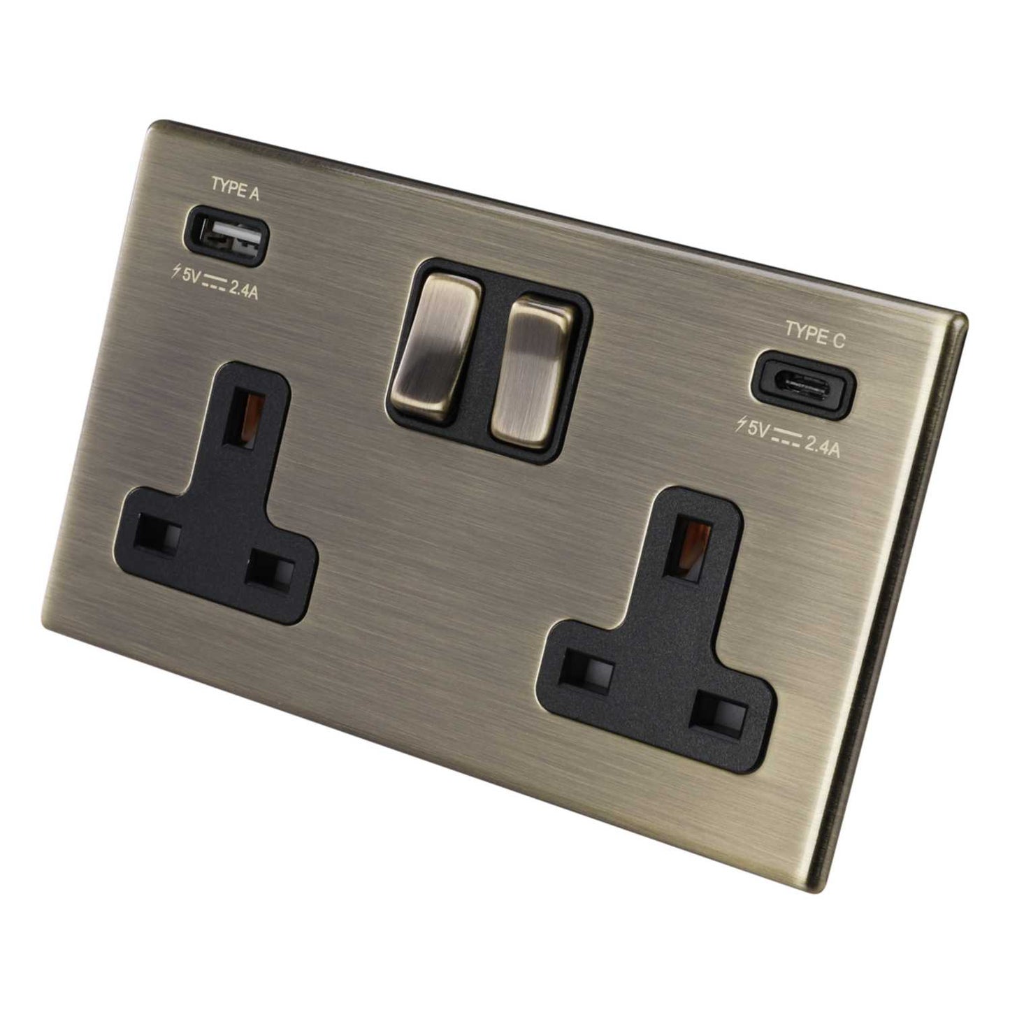 Hamilton 13A 2 Gang Switched Socket with USB Outlets Black Insert Screwless Antique Brass