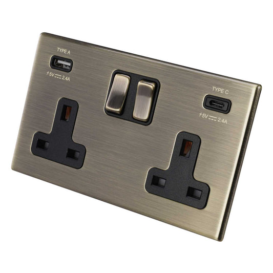 Hamilton 13A 2 Gang Switched Socket with USB Outlets Black Insert Screwless Antique Brass