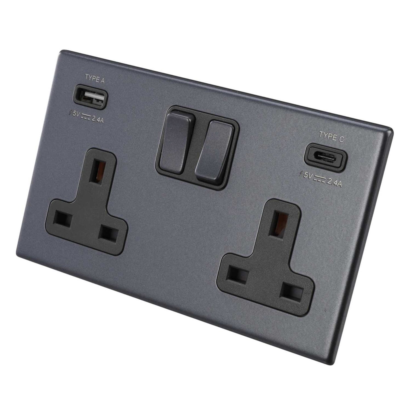 Hamilton 13A 2 Gang Switched Socket with Twin USB Outlets Grey Screwless Anthra Grey