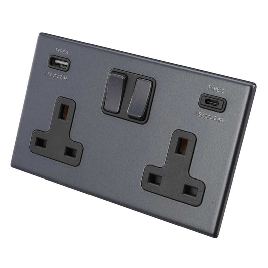 Hamilton 13A 2 Gang Switched Socket with Twin USB Outlets Grey Screwless Anthra Grey