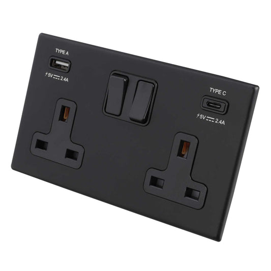 Hamilton 13A 2 Gang Switched Socket with USB Outlets Black Insert Screwless Matt Black