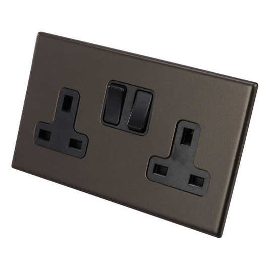 Hamilton 13A DP 2 Gang Switched Socket Black Insert Screwless Bronze