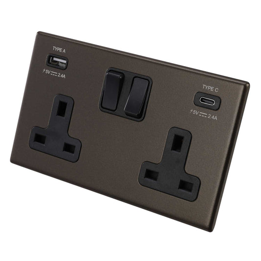 Hamilton 13A 2 Gang Switched Socket with USB Outlets Black Insert Screwless Bronze
