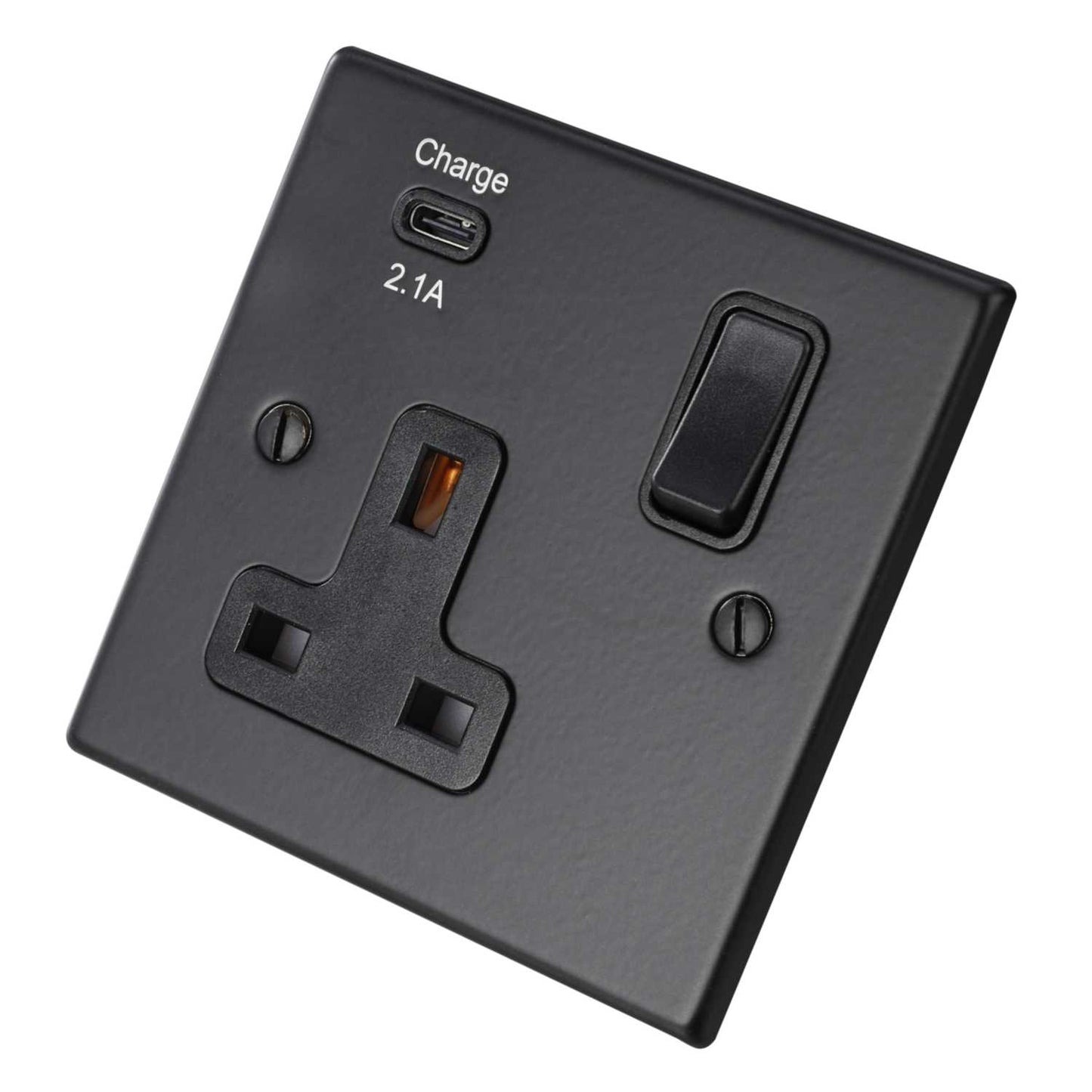 Hamilton 13A 1 Gang Switched Socket with USB Outlet Black Insert Matt Black