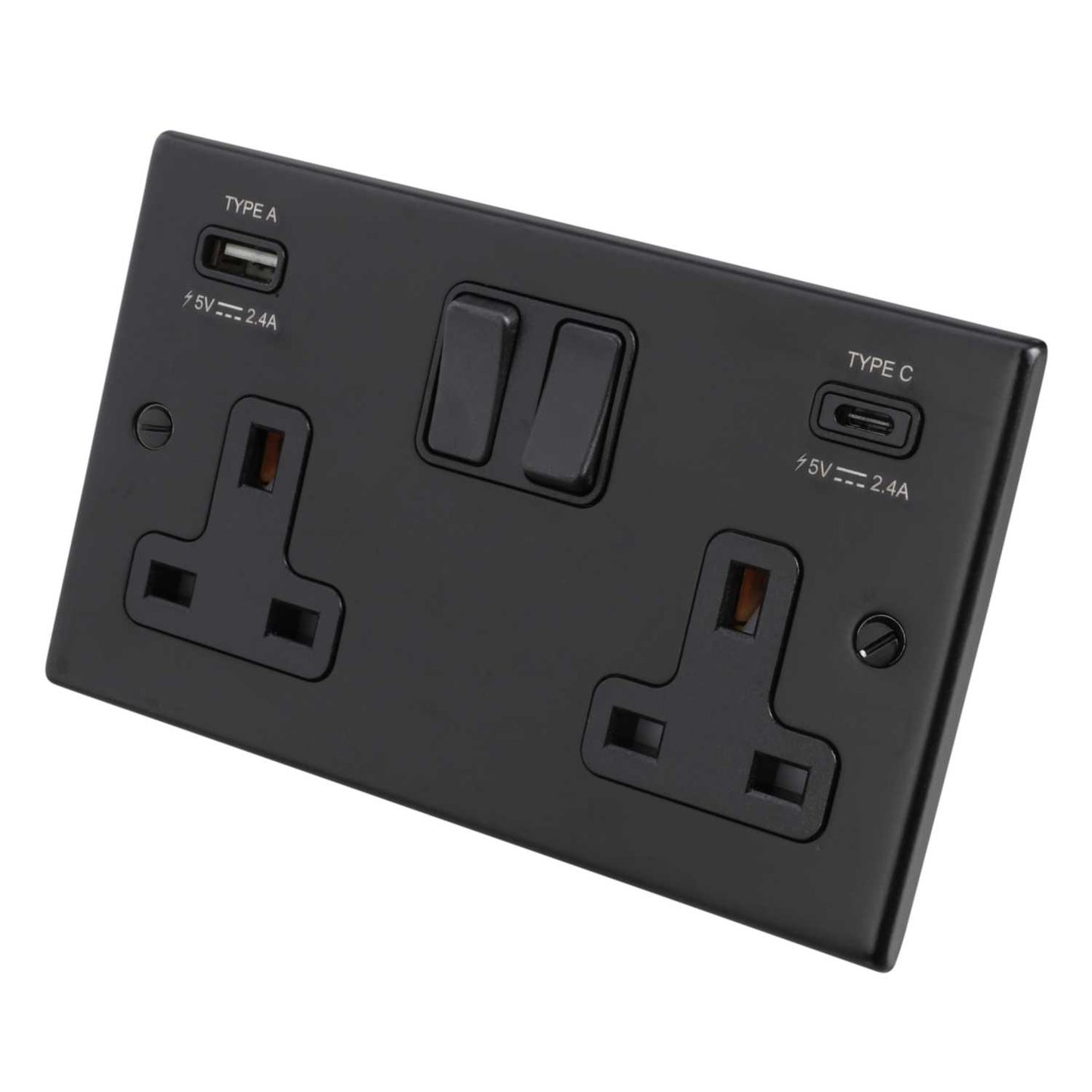 Hamilton 13A 2 Gang Switched Socket with Twin USB Outlets Black Insert Matt Black