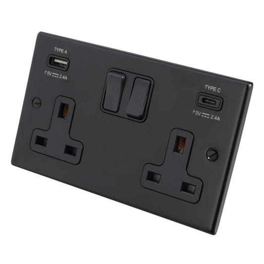 Hamilton 13A 2 Gang Switched Socket with Twin USB Outlets Black Insert Matt Black