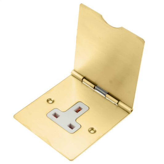 Hamilton 13A 1 Gang Unswitched Floor Socket White Insert Satin Brass